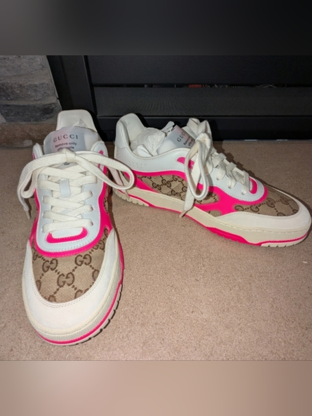 New In Box GUCCI Re-Web Sneakers, Size 41, Pink, With Beige And Ebony GG Canvas